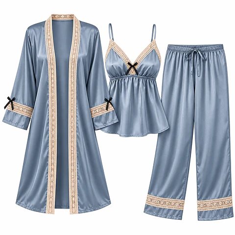 Pijama Satin Diseño Unico Para Regalo Azul Acero Liso S