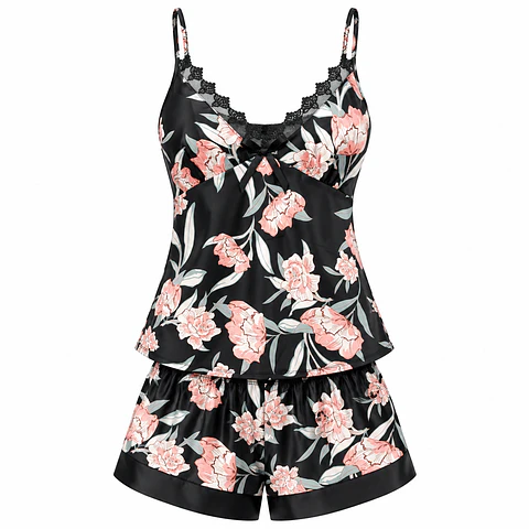 Conjunto Pijama Satín Floreado Primavera Verano