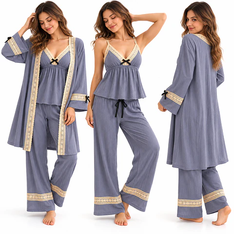 Pijama De Mujer Algodon Diseño Unico Gris Oscuro Liso S