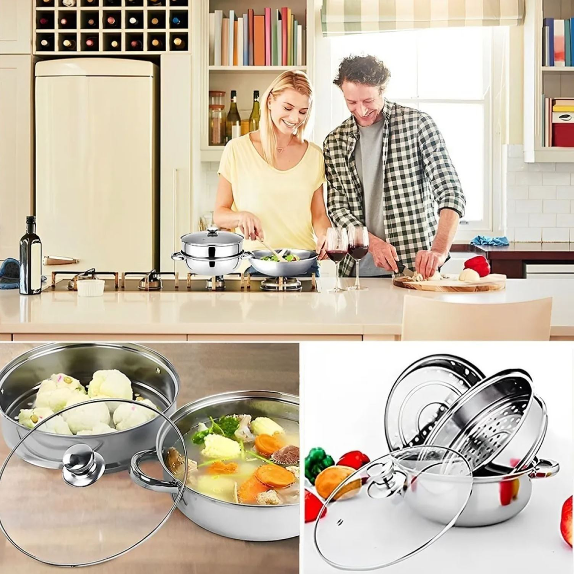 Olla Vaporera 3 piezas 24 cms acero inoxidable 3