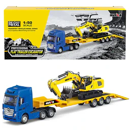 Modelo metálico a escala 1:50 de camión cama baja con excavadora incluida