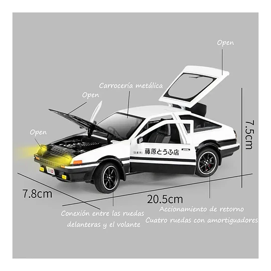 Automóvil a Escala AE86 Trueno (Initial D) | Escala 1:24 | Metal Die-Cast con Luces y Apertura Total