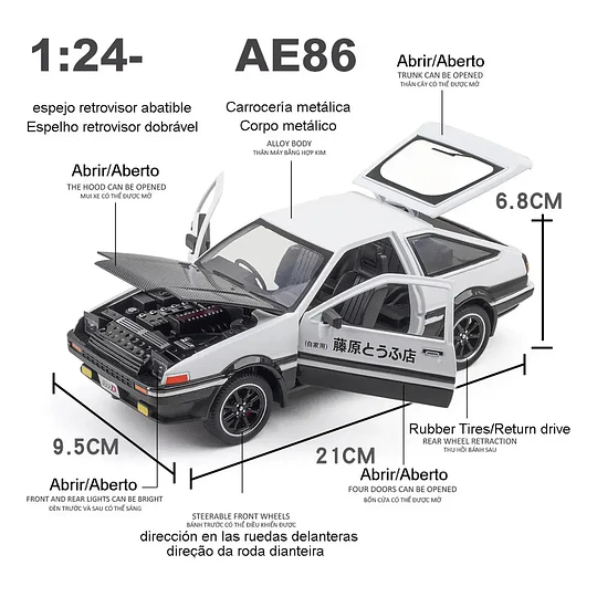 Automóvil a Escala AE86 Trueno (Initial D) | Escala 1:24 | Metal Die-Cast con Luces y Apertura Total