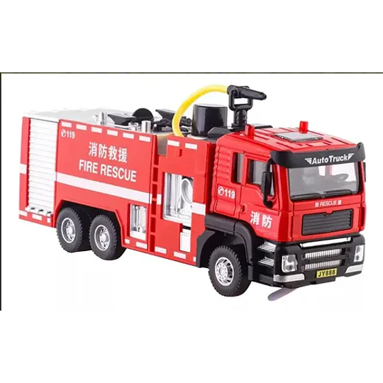 Carro Bombero  Metálico  1:50, Con Sonidos Y Lanza Agua Blanco