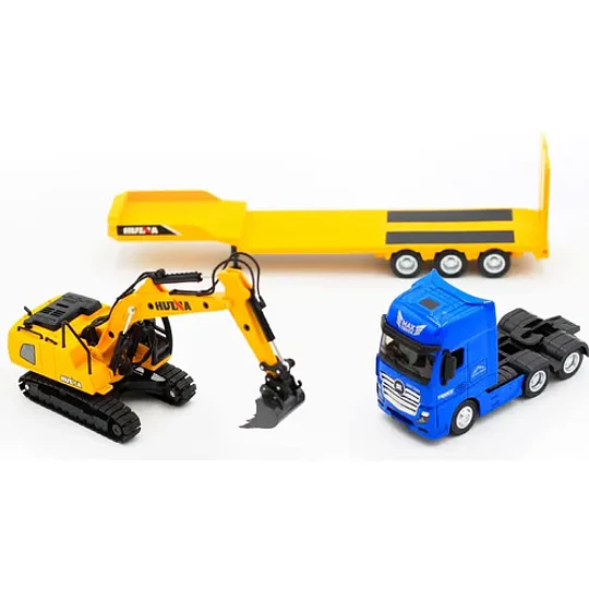 Camion Cama Baja Con Excavadora Escala 1:50 Full Metal