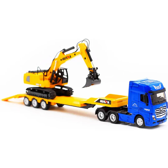 Camion Cama Baja Con Excavadora Escala 1:50 Full Metal