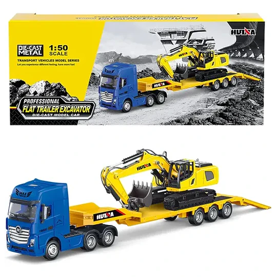 Camion Cama Baja Con Excavadora Escala 1:50 Full Metal
