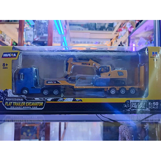 Camion Cama Baja Con Excavadora Escala 1:50 Full Metal