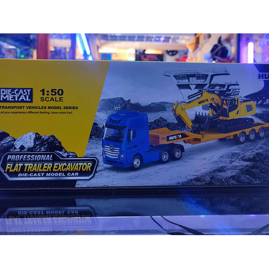 Camion Cama Baja Con Excavadora Escala 1:50 Full Metal