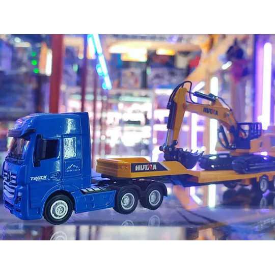 Camion Cama Baja Con Excavadora Escala 1:50 Full Metal