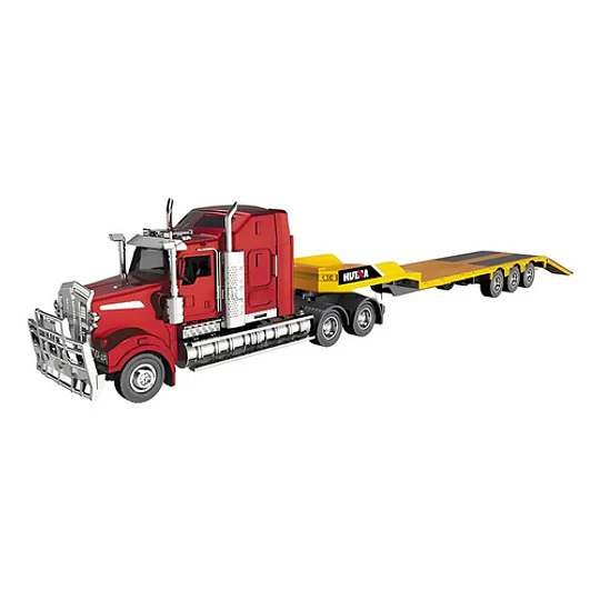 Camion Americano De Transporte Cama Baja, Full Metal 1:50 Camion Transporte Rojo Con Amarillo