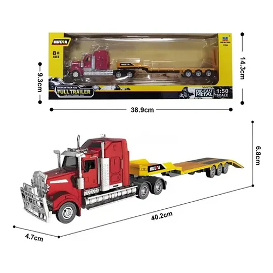 Camion Americano De Transporte Cama Baja, Full Metal 1:50 Camion Transporte Rojo Con Amarillo