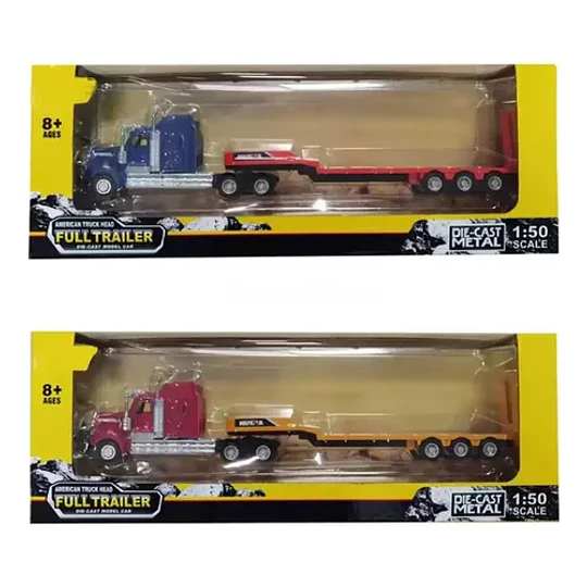 Camion Americano De Transporte Cama Baja, Full Metal 1:50 Camion Transporte Rojo Con Amarillo