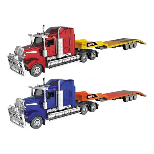 Camion Americano De Transporte Cama Baja, Full Metal 1:50 Camion Transporte Rojo Con Amarillo