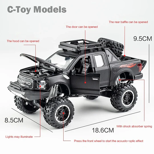 Camioneta Ford F-150 Raptor Escala 1:32 Metálica con Luz y Sonido
