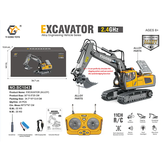 Excavadora RC Yigong 11 Canales Escala 1:20 Metálica 2.4GHz