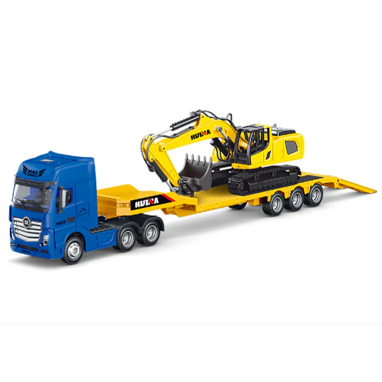 Camión Cama Baja con Excavadora Huina 1729 Escala 1:50 Metálico