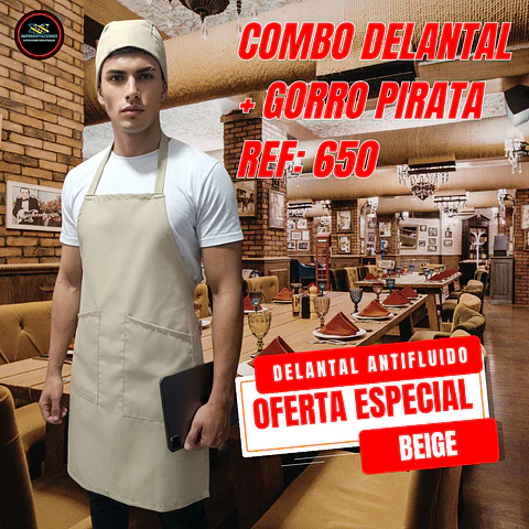 Combo Delantal Antifluido Doble bolsillo + Gorro Pirata 