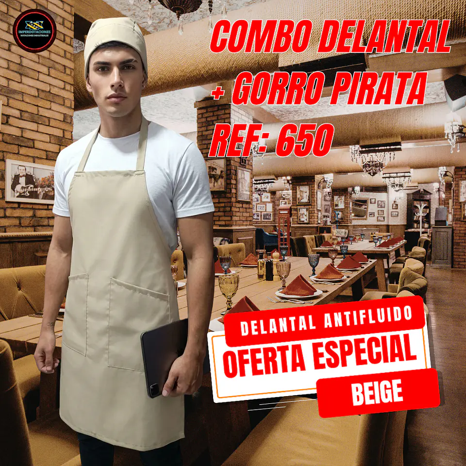 Combo Delantal Antifluido Doble bolsillo + Gorro Pirata  1