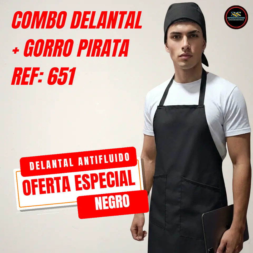 Combo Delantal Antifluido Doble bolsillo + Gorro Pirata  3