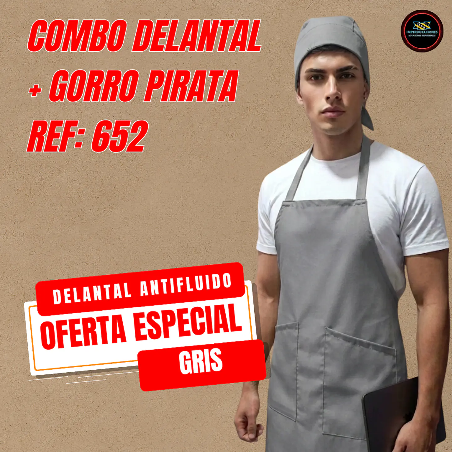 Combo Delantal Antifluido Doble bolsillo + Gorro Pirata  5