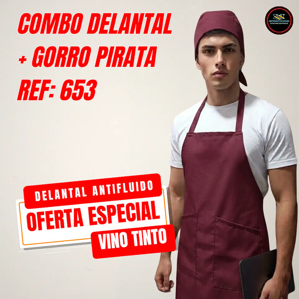 Combo Delantal Antifluido Doble bolsillo + Gorro Pirata  7