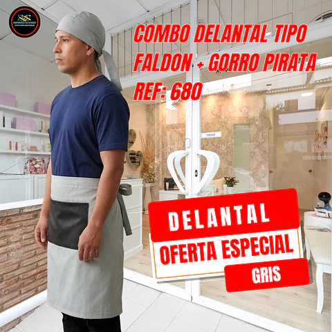 Combo Delantal Antifluido Tipo Faldon bolsillo + Gorro Pirata 