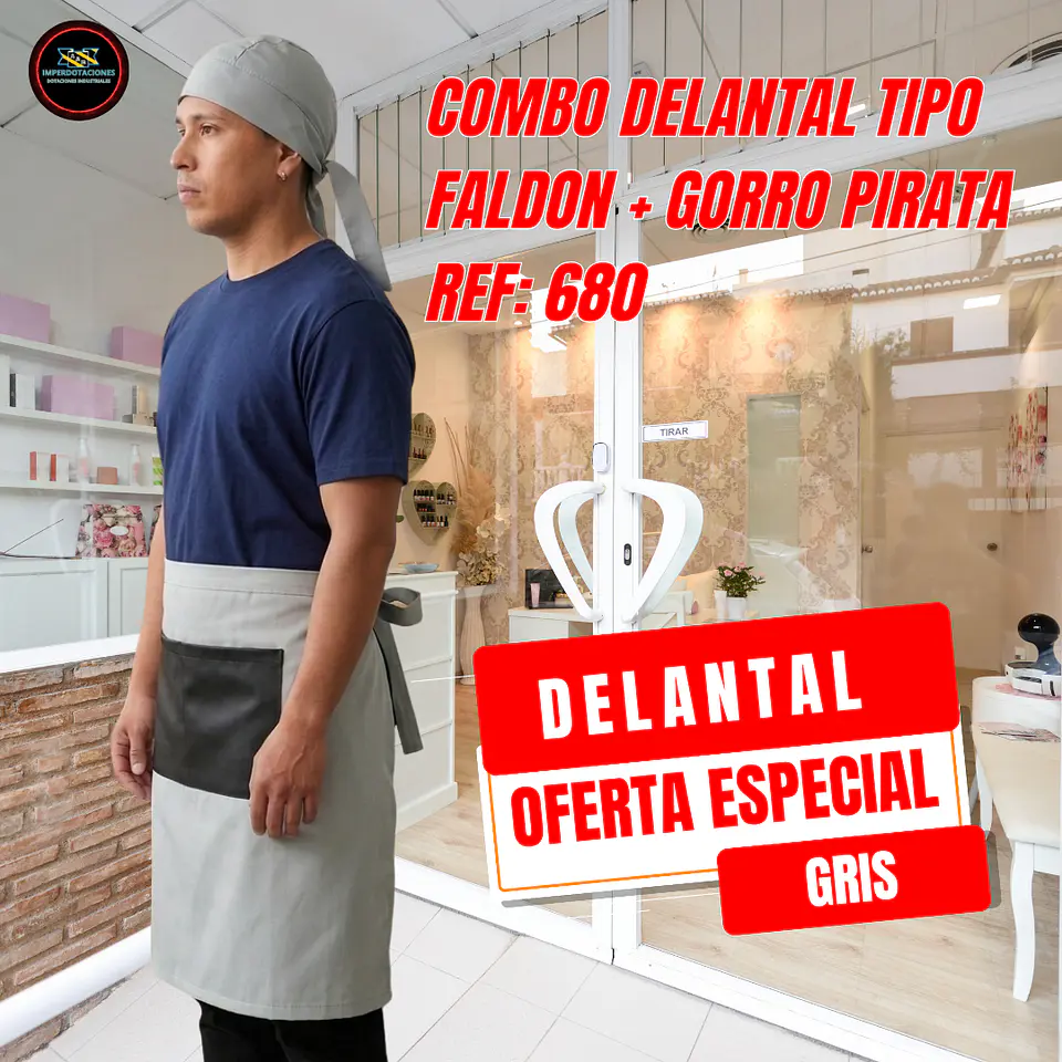 Combo Delantal Antifluido Tipo Faldon bolsillo + Gorro Pirata  1