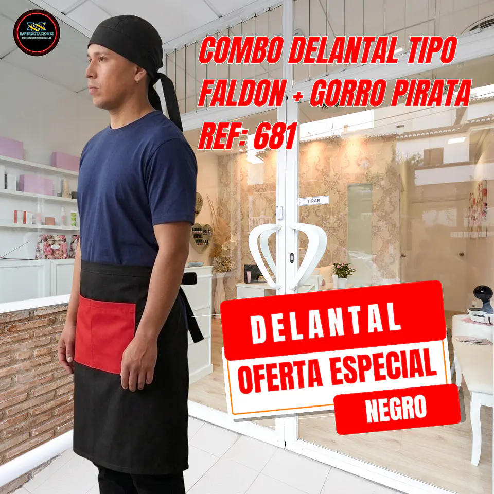 Combo Delantal Antifluido Tipo Faldon bolsillo + Gorro Pirata  2