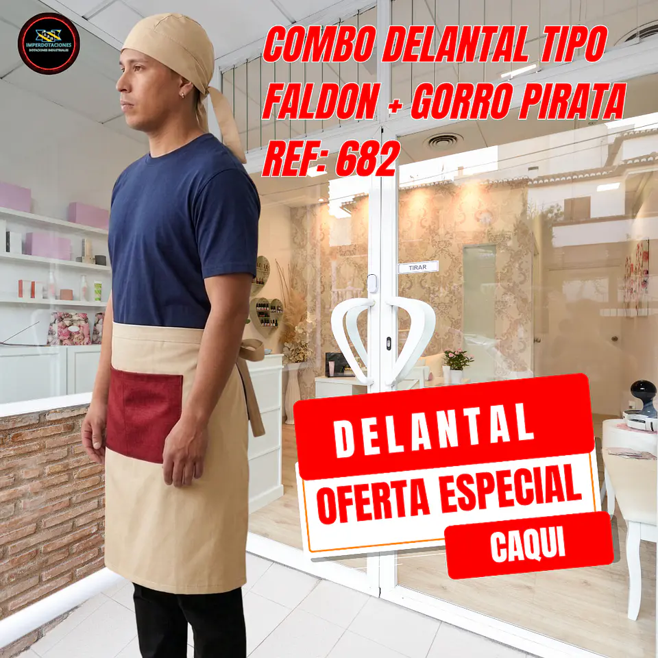 Combo Delantal Antifluido Tipo Faldon bolsillo + Gorro Pirata  3