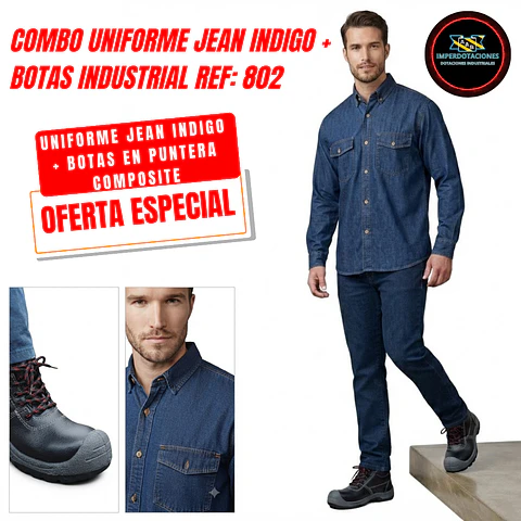 Combo Bota Industrial en Composite + Uniforme Jean Indigo