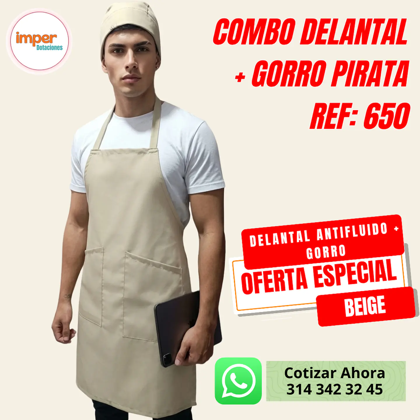 Combo Delantal Antifluido Doble bolsillo + Gorro Pirata  1