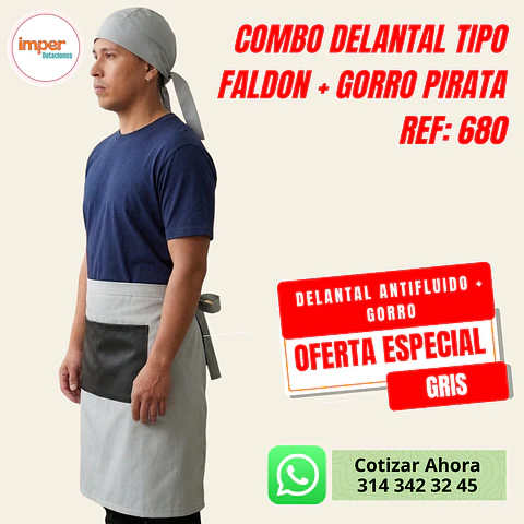 Combo Delantal Antifluido Tipo Faldon bolsillo + Gorro Pirata 
