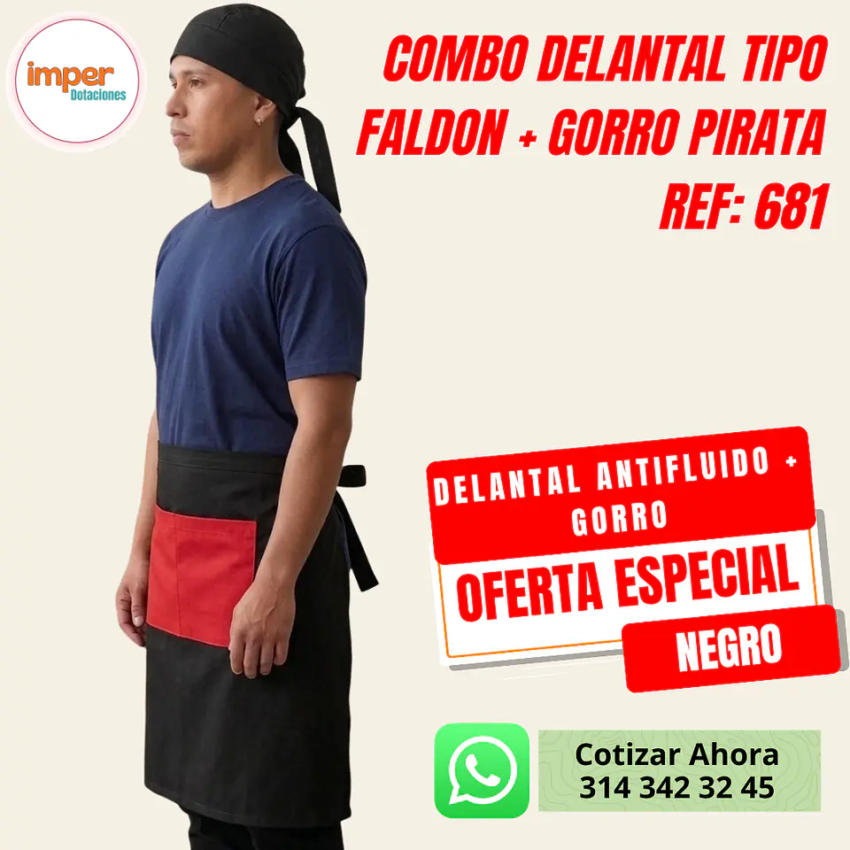 Combo Delantal Antifluido Tipo Faldon bolsillo + Gorro Pirata  2
