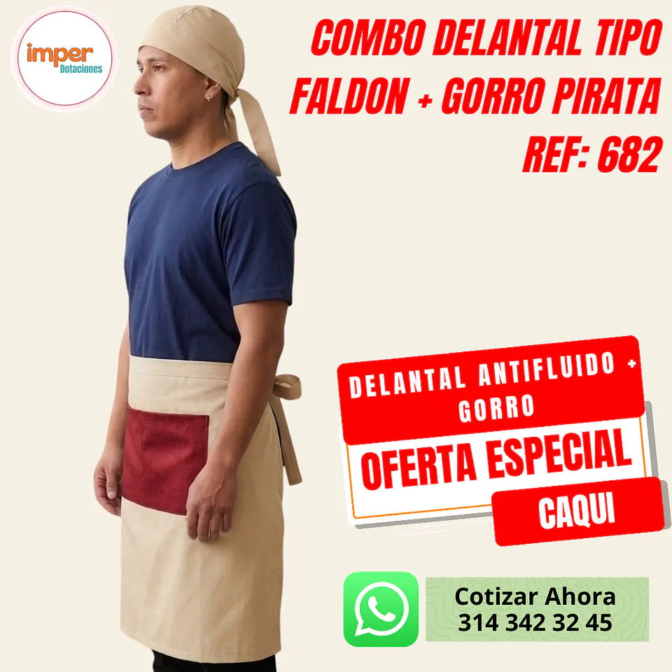 Combo Delantal Antifluido Tipo Faldon bolsillo + Gorro Pirata  3