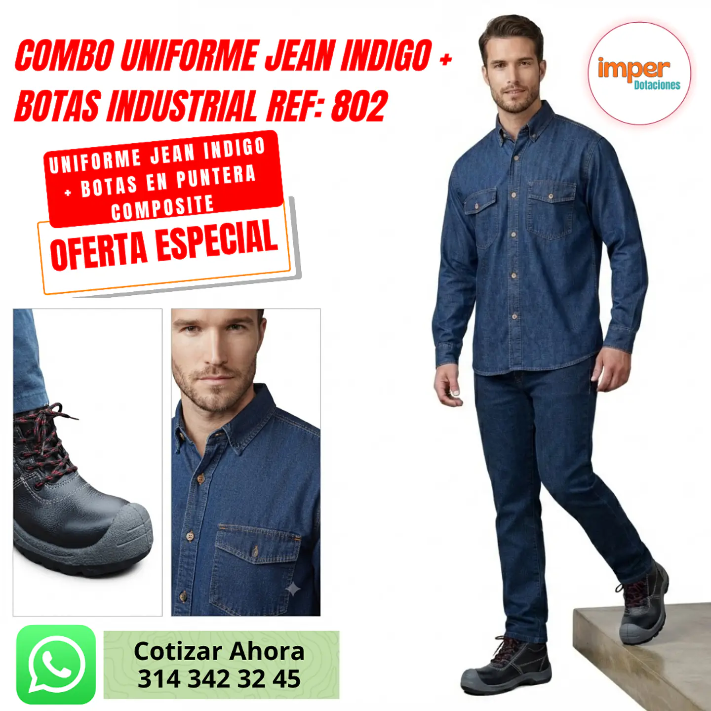 Combo Bota Industrial en Composite + Uniforme Jean Indigo 1