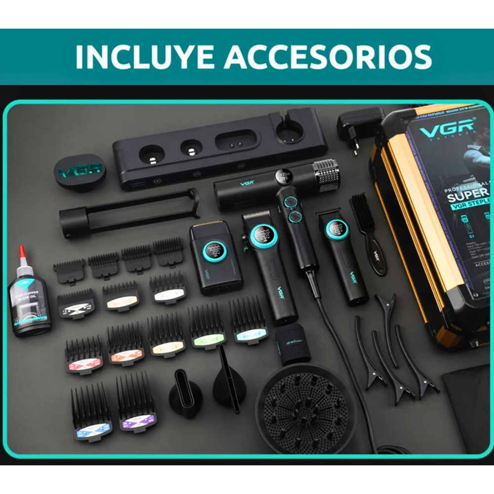 Combo Kit Vgr Professional Clipper Trimmer Shaver y Secador 4 en 1 Maleta