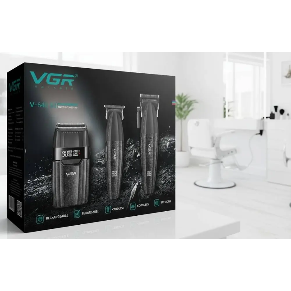 Combo VGR para Barberia V-640S3 Set 3 en 1 Cortadora, Trimmer y Afeitadora