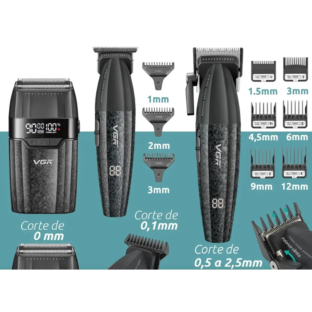 Combo VGR para Barberia V-640S3 Set 3 en 1 Cortadora, Trimmer y Afeitadora