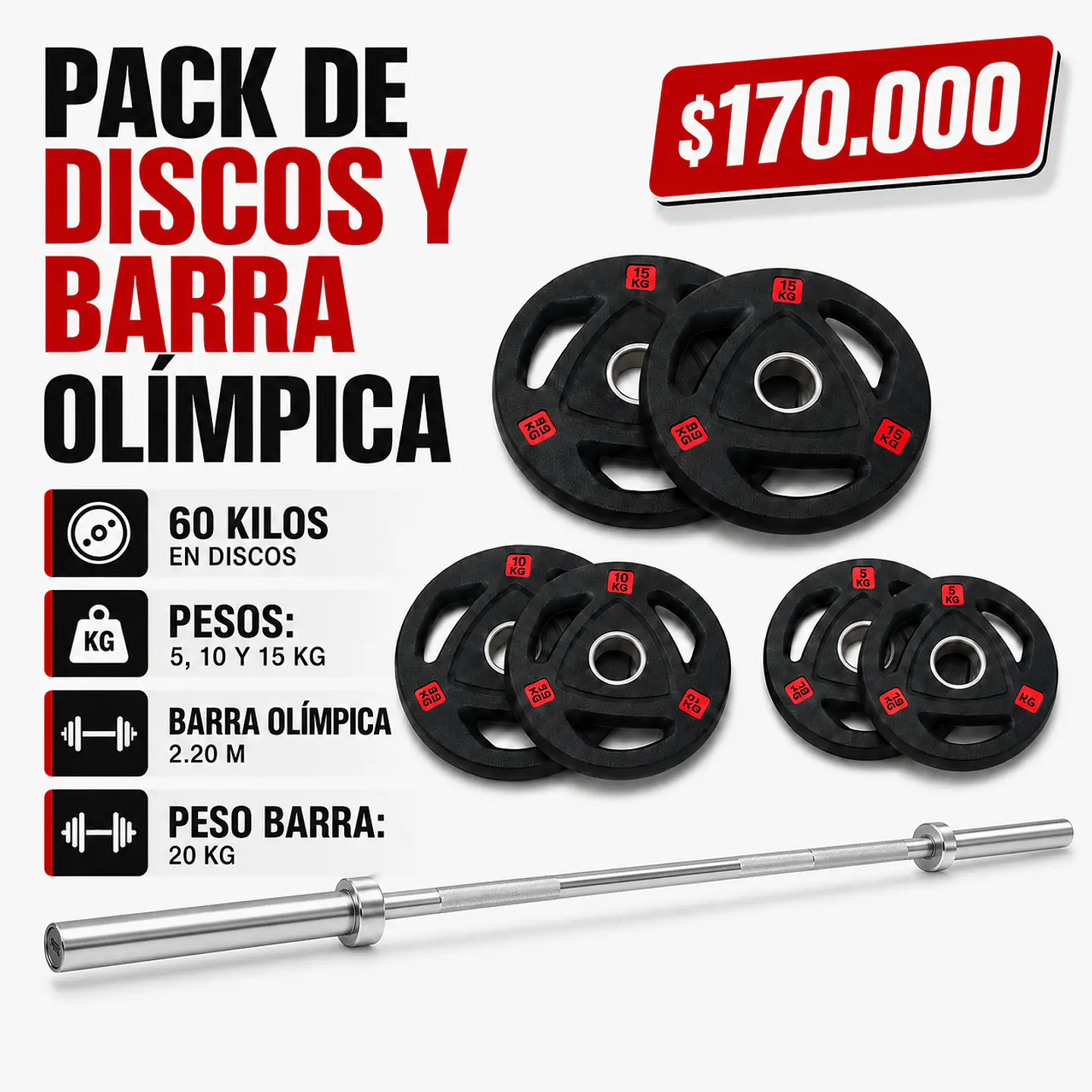 Pack 60kg en Discos + Barra Olímpica 2.20m 1