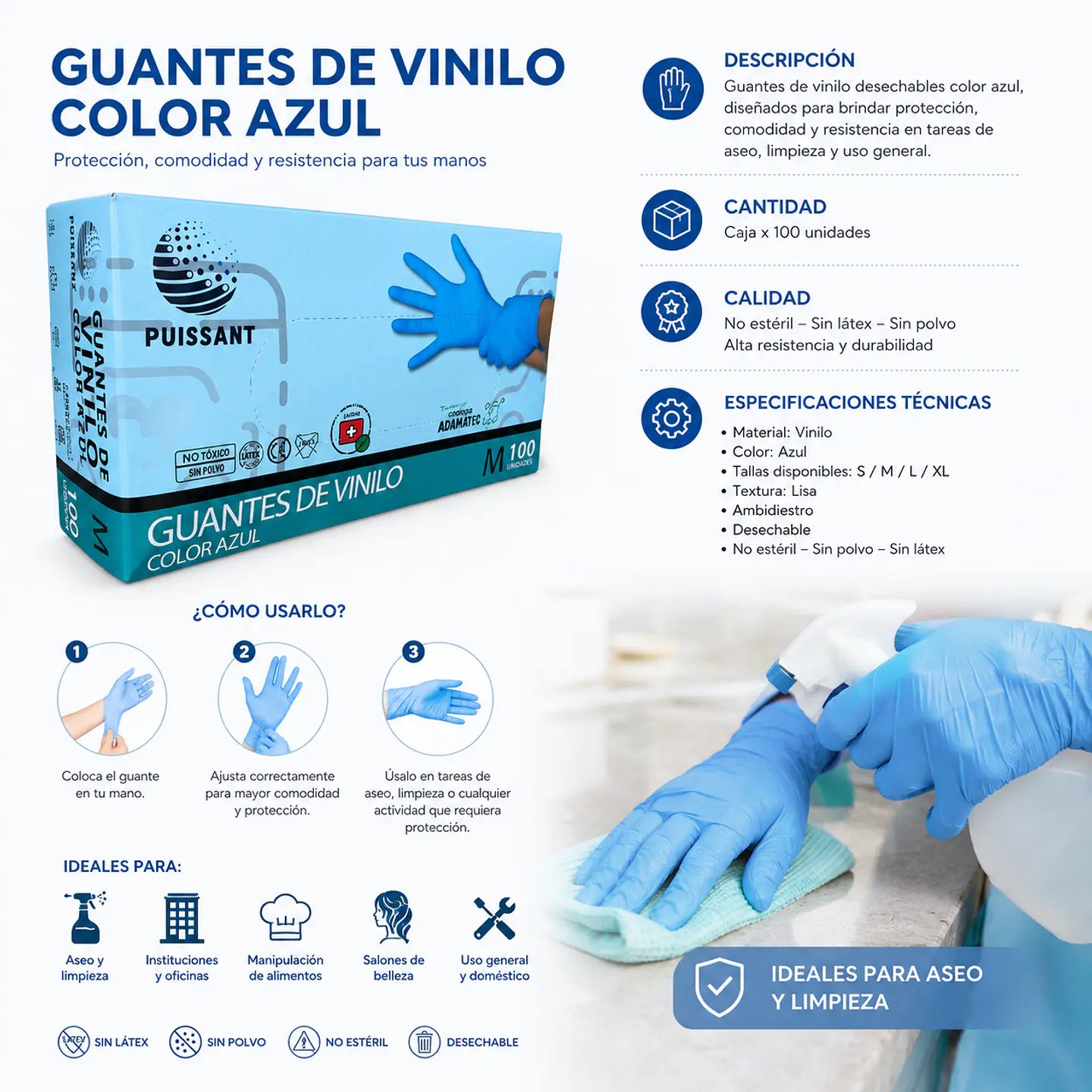 Guante Vinilo Azul Sin Polvo Box de 1000 Unidades - Puissant 1