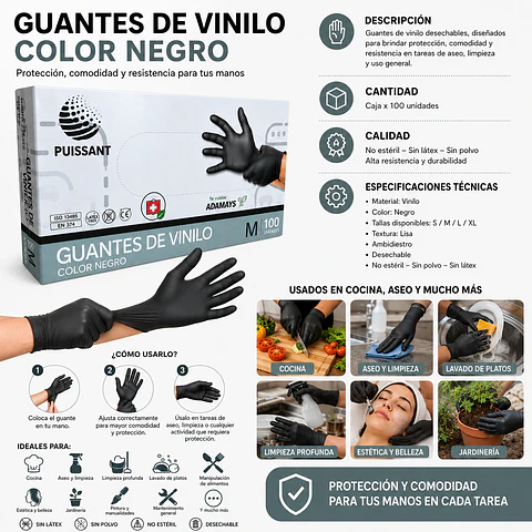Guante Vinilo Negro Sin Polvo Box de 1000 Unidades - Puissant