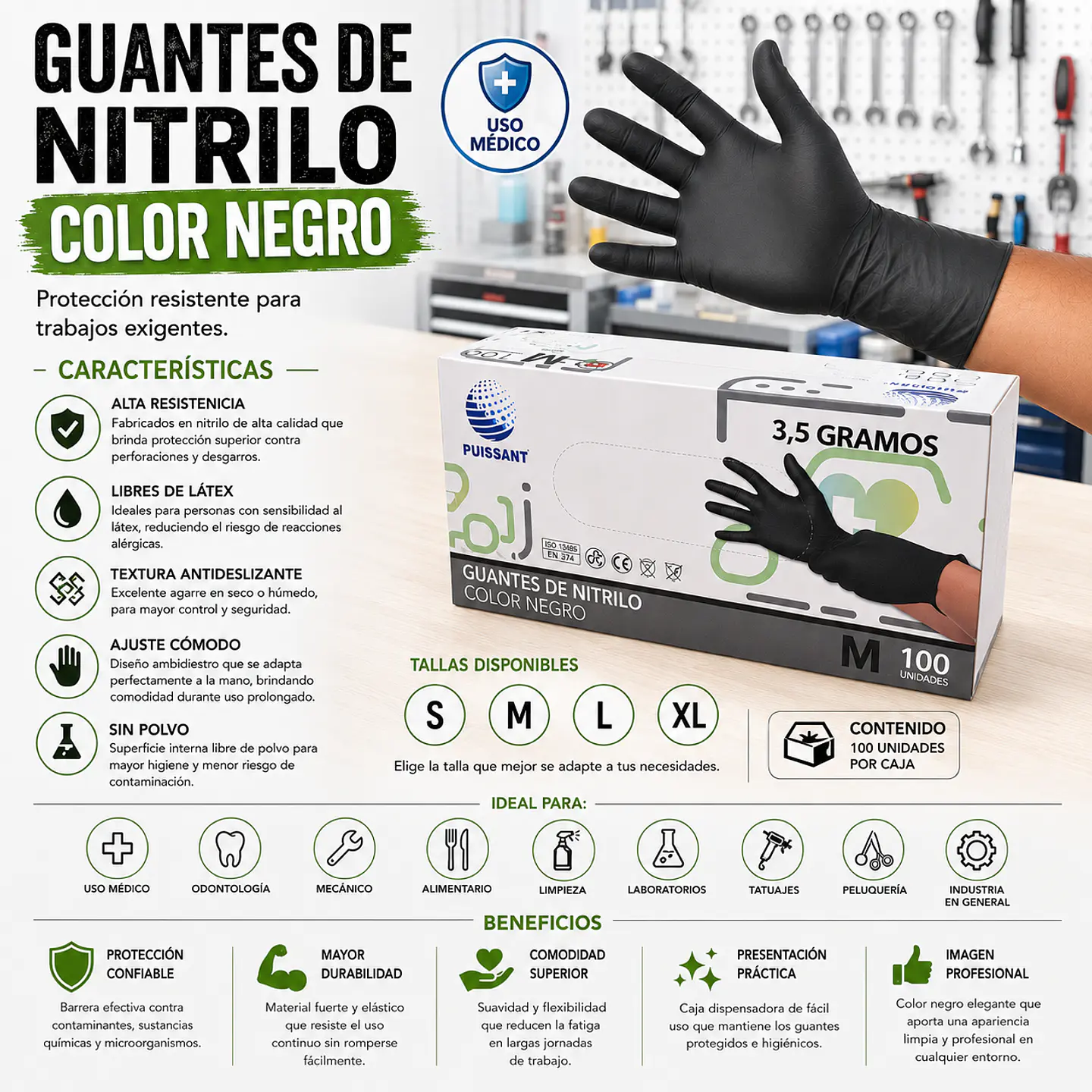 Guante Nitrilo Negro Sin Polvo Box de 1000 Unidades - Puissant 1