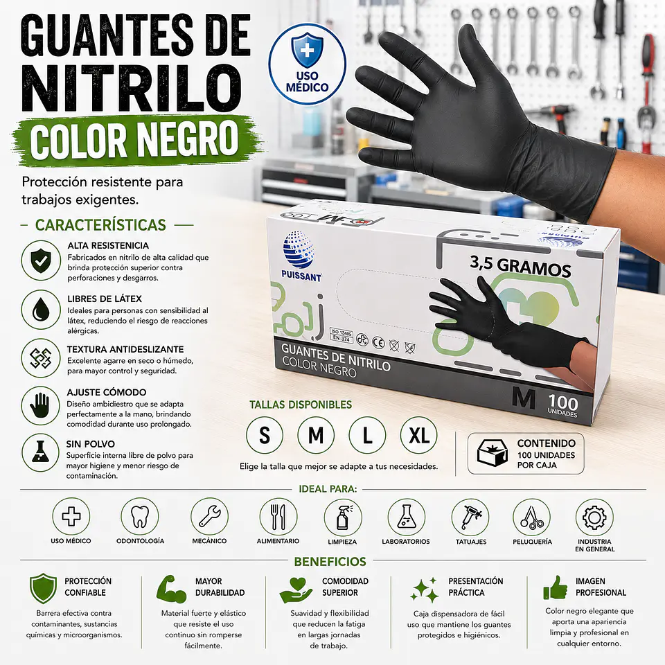 Guante Nitrilo Negro Sin Polvo Box de 1000 Unidades - Puissant 1