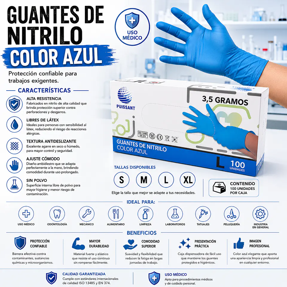 Guante Nitrilo Azul Sin Polvo Box de 1000 Unidades - Puissant 1