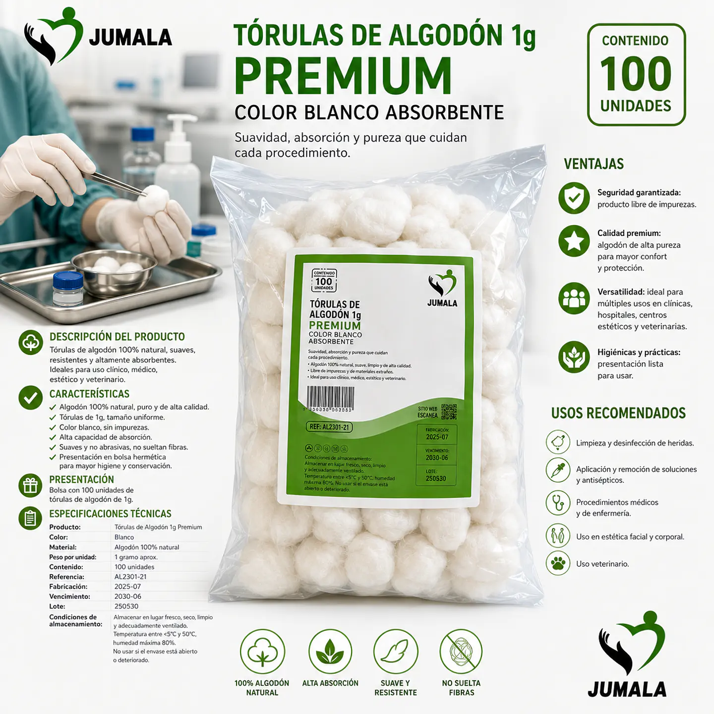 Torulas de Algodón de 1 Gr. embalaje de 100 paquetes - jumala 1
