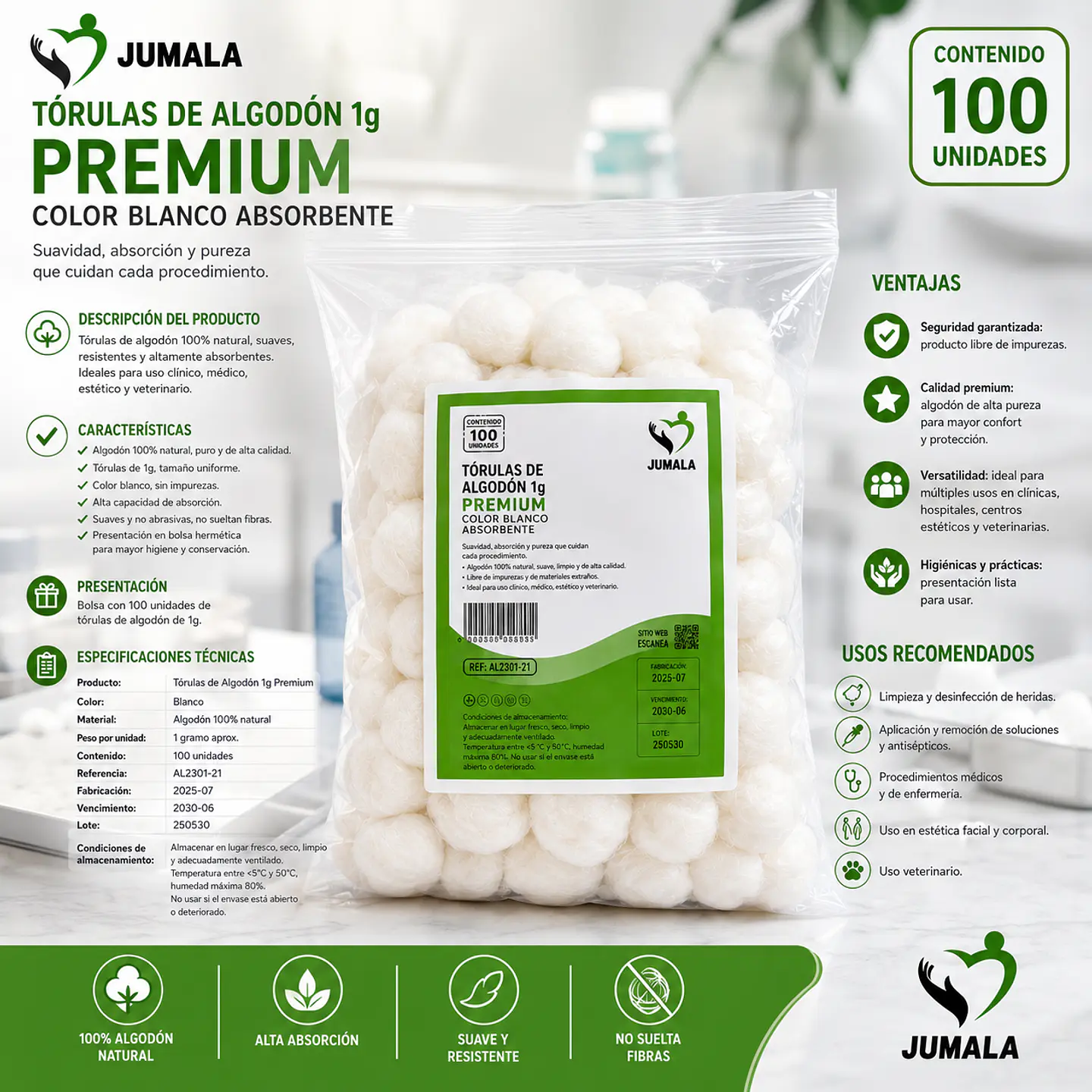 Torulas de Algodón de 1 Gr. embalaje de 100 paquetes - jumala 2