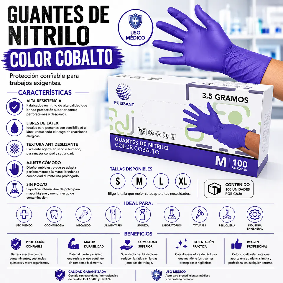 Guante Nitrilo Cobalto Sin Polvo Box de 1000 Unidades - Puissant 1