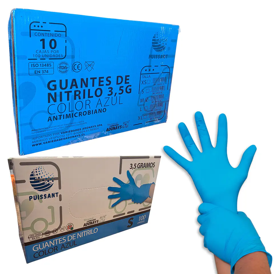 Guante Nitrilo Azul Sin Polvo Box de 1000 Unidades - Puissant 6