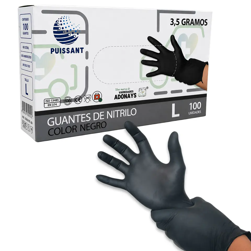 Guante Nitrilo Negro Sin Polvo Box de 1000 Unidades - Puissant 3